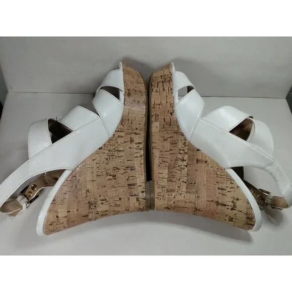 G by Guess Women's White Faux Leather 5" Cork Wedge Heel Strappy Sandal 8.5 M - Picture 5 of 12